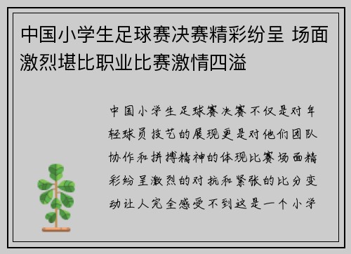 中国小学生足球赛决赛精彩纷呈 场面激烈堪比职业比赛激情四溢 中国小学生足球赛决赛精彩纷呈 场面激烈堪比职业比赛激情四溢